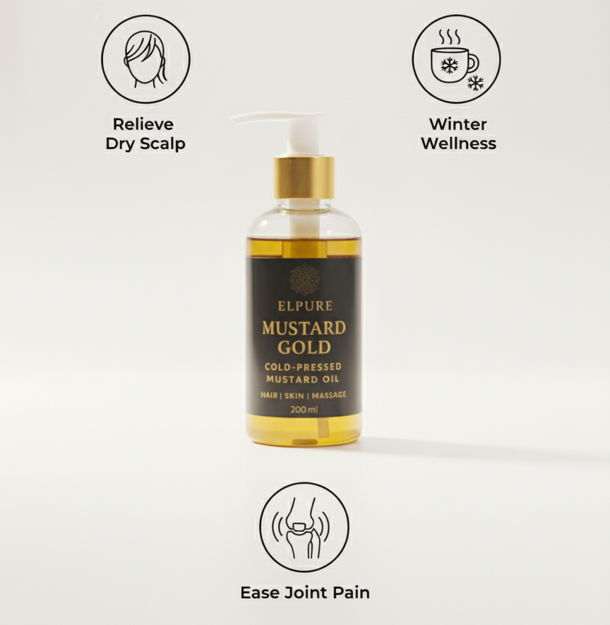 Bottle of Elpure Mustard Gold oil with icons and text on a white background