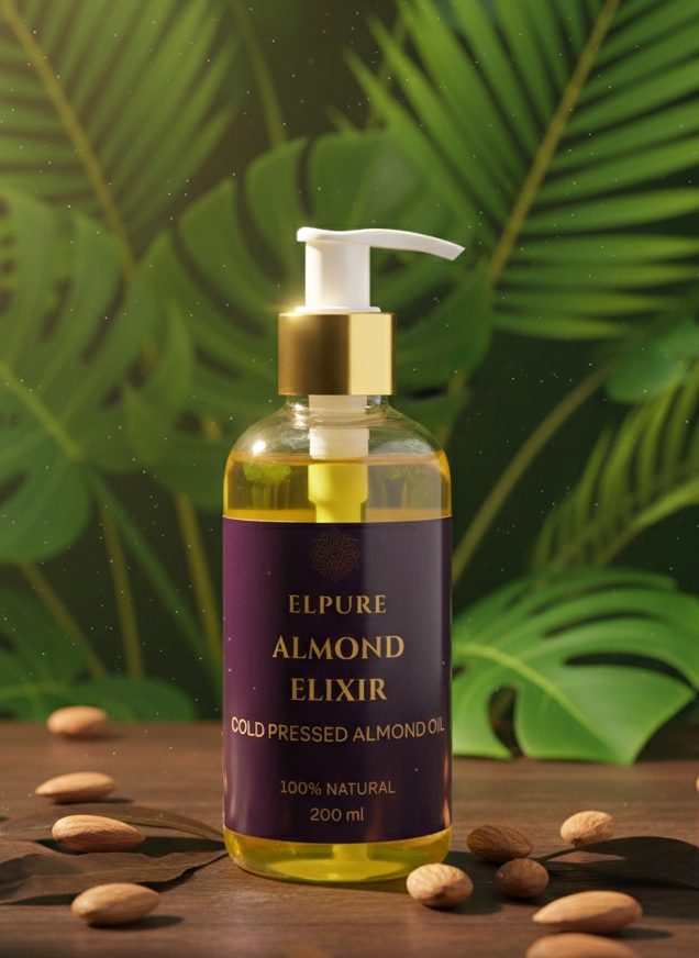 Bottle of Elpure Almond Elixir with almonds on a wooden surface and green leaves in the background