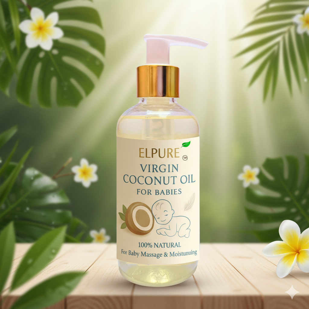 Coconut Oil for Babies by Elpure (200 ml)– 100% Pure Virgin Cold-Pressed Baby Massage Oil | Gentle, Non-Sticky & Safe for Newborns & Infants