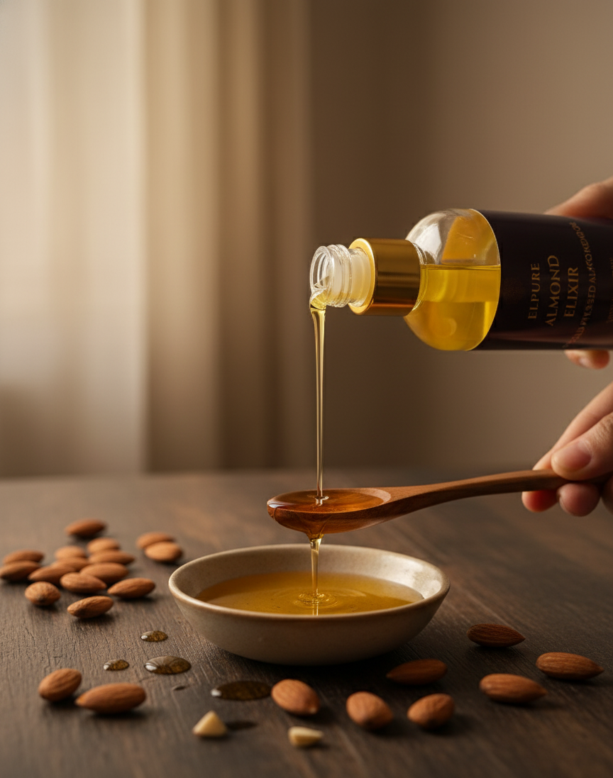 Almond oil being poured from a Elpure's Cold Pressed Almond oil bottle into a bowl with almonds on a wooden surface.